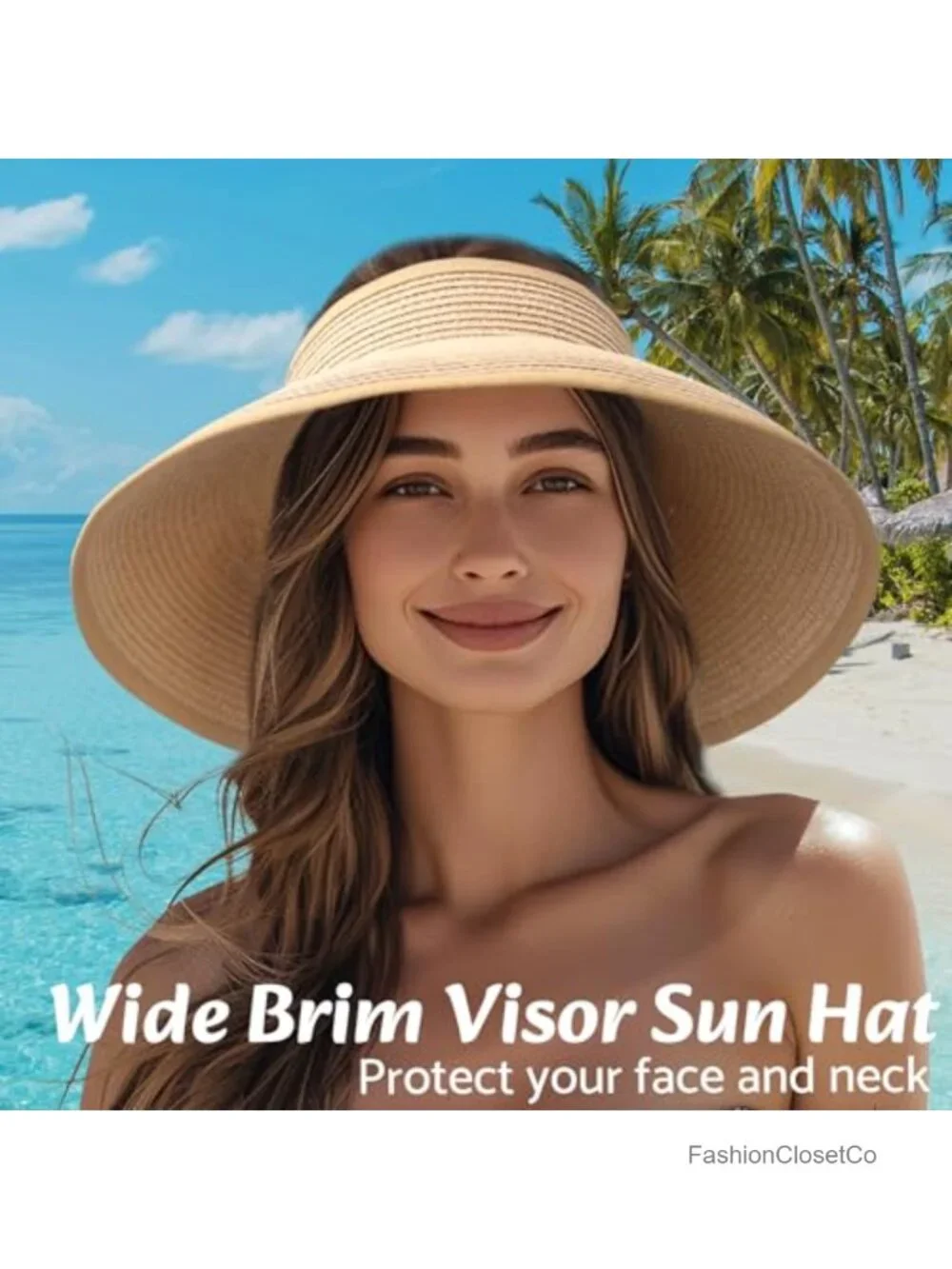 Wide Brim Straw Sun Hat with UPF 50+, Foldable & Packable Ponytail Beach Hat